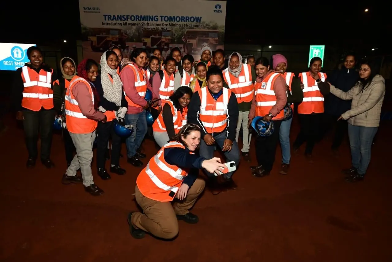 Women in high-visibility vests at the launch of the all women shift in iron ore mining at Noamundi, 16 December 2024