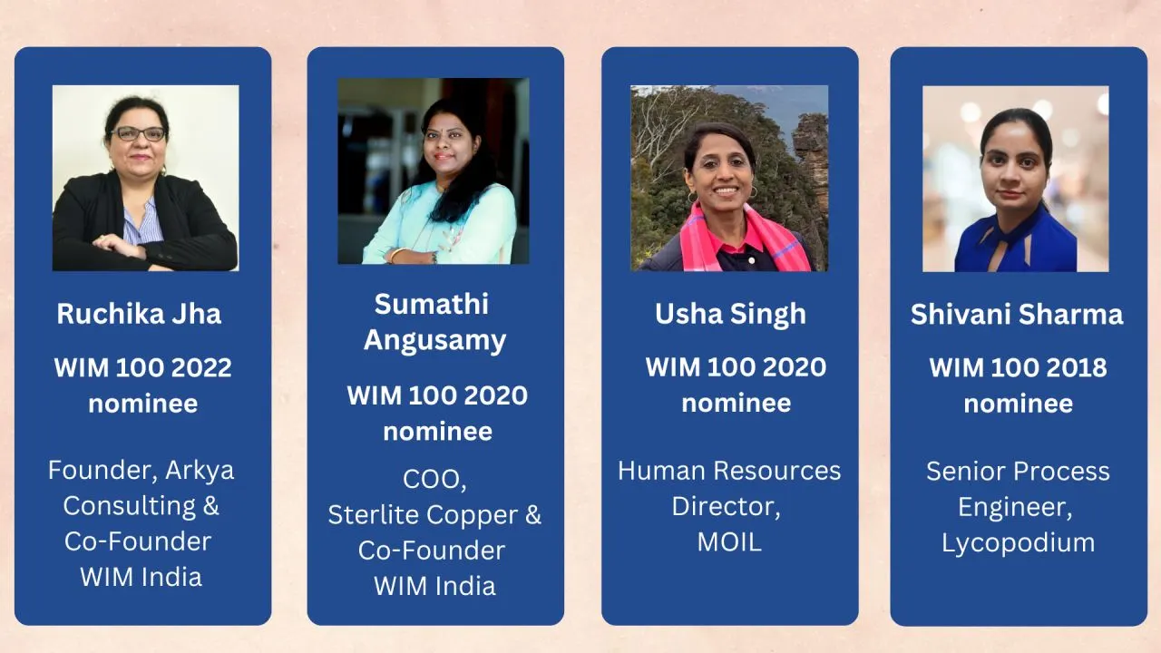 WIM100 nominees: Ruchika Jha (2022), Sumathi Angusamy (2020), Usha Singh (2020) and Shivani Sharma (2018)
